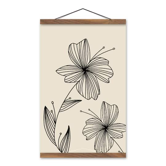 Line Flowers Teak Hanging Canvas
